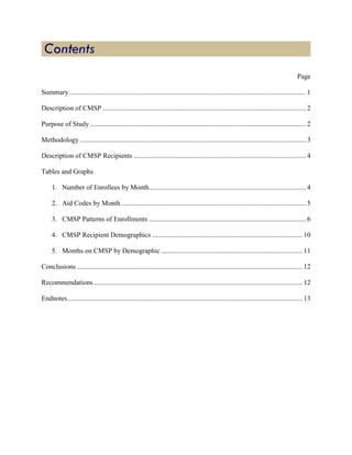 Page

Summary ......................................................................................................................................... 1

Description of CMSP ...................................................................................................................... 2

Purpose of Study ............................................................................................................................. 2

Methodology ................................................................................................................................... 3

Description of CMSP Recipients .................................................................................................... 4

Tables and Graphs

     1. Number of Enrollees by Month........................................................................................... 4

     2. Aid Codes by Month ........................................................................................................... 5

     3. CMSP Patterns of Enrollments ........................................................................................... 6

     4. CMSP Recipient Demographics ....................................................................................... 10

     5. Months on CMSP by Demographic .................................................................................. 11

Conclusions ................................................................................................................................... 12

Recommendations ......................................................................................................................... 12

Endnotes ........................................................................................................................................ 13
 