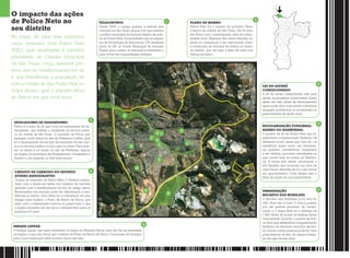O impacto das ações
de Police Neto no
seu distrito
Ao longo de seus dois mandatos
como vereador, José Police Neto
(PSD), que atualmente é também
presidente da Câmara Municipal
de São Paulo, criou diversos pro-
jetos que se transformaram em lei
e que beneficiam a população de
toda a cidade de São Paulo.Veja, no
mapa abaixo, qual o impacto delas
no distrito em que você mora.
você
e s t á
a q u i
URBANIZAÇÃO
RECANTO DOS HUMILDES
O Recanto dos Humildes já foi uma fa-
vela. Hoje não é mais. O bairro passou
por um grande processo de urbani-
zação e a etapa final foi a entrega de
1.800 títulos de posse às famílias dessa
comunidade. Quando o projeto de Poli-
ce Neto que estabelece a regularização
fundiária de interesse social for aprova-
do, muitas outras pessoas poderão virar
proprietárias, de fato, do espaço irregu-
lar em que moram hoje.
7
PARQUE LINEAR
O Parque Linear, que será construído ao longo do Ribeirão Perus, para dar fim às enchentes
da região, é uma das obras que constam do Plano de Bairro de Perus. O processo de licitação
para a sua construção deve ocorrer ainda este ano.
8
2
PLANO DE BAIRRO
Police Neto foi o mentor do primeiro Plano
e Bairro da cidade de São Paulo. Ele foi feito
em Perus com a participação ativa da comu-
nidade local. Algumas das obras traçadas no
plano já começaram a ser executadas, como
a construção do terminal de ônibus no centro
do distrito, que vai ligar a linha de trens aos
ônibus do bairro.
INDICADORES DE DESEMPENHO
Police é o autor da lei que criou os indicadores de de-
sempenho, que avaliam a qualidade do serviço públi-
co da cidade de São Paulo. O morador de Perus, por
exemplo, pode entrar no site da Prefeitura e saber qual
foi o desempenho do serviço de educação do seu bair-
ro e se ele está melhor ou pior que os outros. Para aces-
sar os dados é só entrar no site da Prefeitura, depois
na página da secretaria de Planejamento, Orçamento e
Gestão e, em seguida, no link Indicadores.
5
CRÉDITO DE CARBONO NO EXTINTO
ATERRO BANDEIRANTES
Graças ao empenho de Police Neto, o dinheiro arreca-
dado com a venda em leilão dos créditos de carbono
gerados com a transformação do lixo do antigo aterro
Bandeirantes em energia pode ser direcionado a ben-
feitorias no bairro. Uma delas foi a contratação de uma
equipe para realizar o Plano de Bairro de Perus, que
junto com a comunidade colocou no papel tudo o que
a região necessita em serviços e infraestrutura para os
próximos 20 anos.
6
LEI DO ALVARÁ
CONDICIONADO
A lei do alvará condicionado veio para
ajudar os pequenos comerciantes. Quem
ainda não tem alvará de funcionamento
agora pode abrir suas portas e funcionar
enquanto providencia os documentos no
prazo máximo de quatro anos.
3
REGULARIZAÇÃO FUNDIÁRIA/
BAIRRO DO BAMBURRAL
O projeto de lei de Police Neto que re-
gulamenta a regularização fundiária de
interesse social, assim que virar lei, vai
beneficiar quem mora em loteamen-
tos grilados, clandestinos, irregulares
e em favelas, processo semelhante ao
que ocorre hoje no bairro do Bambur-
ral. A favela está sendo urbanizada e
234 famílias que moravam em área de
risco foram retiradas de lá e vão morar
em  apartamentos. Cada família terá o
título de posse de sua propriedade.
4
TELECENTROS
Desde 2009, o acesso gratuito à internet tem
crescido em São Paulo graças à lei que instituiu
a política municipal de inclusão digital, de auto-
ria de Police Neto. Ela possibilita que as empre-
sas de Tecnologia da Informação (TI) destinem
parte do ISS ao Fundo Municipal de Inclusão
Digital, para custear os telecentros existentes e
criar novos em comunidades carentes.
1
15
1
7
8
8
3
1
4
6
6
2
1
 