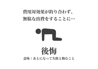 費用対効果が釣り合わず、
無駄な出費をすることに…

後悔
意味：あとになって失敗と悔むこと

 