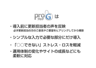 は
・導入前に更新担当者の声を反映
必ず更新担当の方のご意見やご要望をヒアリングしてから構築

・シンプルな入力で必要な部分にだけ導入
・「○○できない」ストレス・ロスを軽減
・運用体制の変化やサイトの成長などにも
柔軟に対応

 
