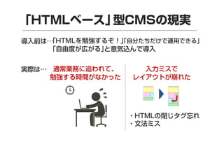 「HTMLベース」
型CMSの現実
「HTMLを勉強するぞ！」
「自分たちだけで運用できる」
導入前は…
「自由度が広がる」
と意気込んで導入
実際は… 通常業務に追われて、
勉強する時間がなかった

入力ミスで
レイアウトが崩れた

・HTMLの閉じタグ忘れ
・文法ミス

 