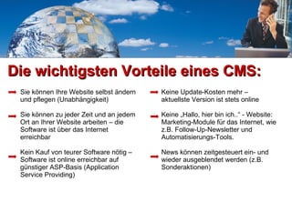 Die wichtigsten Vorteile eines CMS: Sie können Ihre Website selbst ändern und pflegen (Unabhängigkeit) Sie können zu jeder Zeit und an jedem Ort an Ihrer Website arbeiten – die Software ist über das Internet erreichbar Kein Kauf von teurer Software nötig – Software ist online erreichbar auf günstiger ASP-Basis (Application Service Providing)  Keine Update-Kosten mehr –  aktuellste Version ist stets online Keine „Hallo, hier bin ich..“ - Website: Marketing-Module für das Internet, wie z.B. Follow-Up-Newsletter und Automatisierungs-Tools.  News können zeitgesteuert ein- und wieder ausgeblendet werden (z.B. Sonderaktionen) 