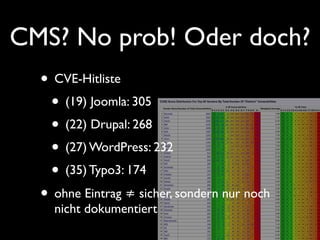 CMS? No prob! Oder doch? 
• CVE-Hitliste 
• (19) Joomla: 305 
• (22) Drupal: 268 
• (27) WordPress: 232 
• (35) Typo3: 174 
• ohne Eintrag ≠ sicher, sondern nur noch 
nicht dokumentiert 
 