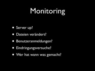 TTV
• zufälligeVersionsnummer ausgeben
• .htaccess-Regeln zum Zugriffsschutz
• /wp-content/
• wp-conﬁg.php
• readme.html + liesmich.html
• „hide and seek“ (/wp-content, wp_, …)
 
