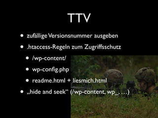 die Mauer erhöhen
• min. Login per SSL-Zertiﬁkat absichern
• Kostenlos bis < 50 €/p.a.
• ggf. Kosten beim Hosting für eigene IP
• Zwei-Faktor Authentiﬁzierung
• einfaches eMail Konzept von Sergej Müller
• aufwändiger Duo, Clef, Rublon
• Extra-HW: UbiKey, Fido U2F
• eingebaut in iThemes Security Pro
 