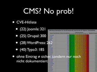 Angriffsvektoren
• Brute-Force Attacs
• „Standard“ Benutzernamen
• schwache Passwörter
• XSS - Cross Site Scripting / SQL Injections
• schlechter Code
• veraltete Installationen
 