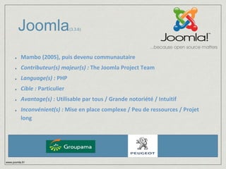 Joomla(3.3.6) 
Mambo (2005), puis devenu communautaire 
Contributeur(s) majeur(s) : The Joomla Project Team 
Language(s) : PHP 
Cible : Particulier 
Avantage(s) : Utilisable par tous / Grande notoriété / Intuitif 
Inconvénient(s) : Mise en place complexe / Peu de ressources / Projet 
long 
www.joomla.fr/ 
 