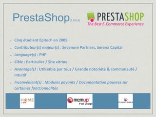 PrestaShop(1.6.0.9) 
Cinq étudiant Epitech en 2005 
Contributeur(s) majeur(s) : Sevenure Partners, Serena Capital 
Language(s) : PHP 
Cible : Particulier / Site vitrine 
Avantage(s) : Utilisable par tous / Grande notoriété & communauté / 
Intuitif 
Inconvénient(s) : Modules payants / Documentation pauvres sur 
certaines fonctionnalités 
 
