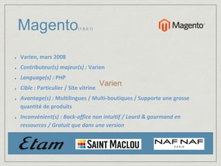 Magento(1.9.0.1) 
Varien, mars 2008 
Contributeur(s) majeur(s) : Varien 
Language(s) : PHP 
Varien 
Cible : Particulier / Site vitrine 
Avantage(s) : Multilingues / Multi-boutiques / Supporte une grosse 
quantité de produits 
Inconvénient(s) : Back-office non intuitif / Lourd & gourmand en 
ressources / Gratuit que dans une version 
 
