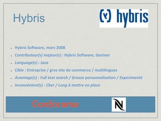 Hybris 
Hybris Software, mars 2008 
Contributeur(s) majeur(s) : Hybris Software, Gartner 
Language(s) : Java 
Cible : Entreprise / gros site de commerce / multilingues 
Avantage(s) : Full text search / Grosse personnalisation / Experimenté 
Inconvénient(s) : Cher / Long à mettre en place 
 