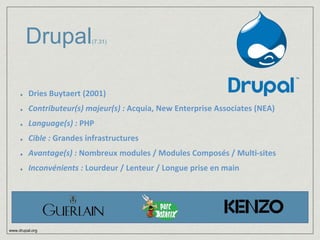 Drupal(7.31) 
Dries Buytaert (2001) 
Contributeur(s) majeur(s) : Acquia, New Enterprise Associates (NEA) 
Language(s) : PHP 
Cible : Grandes infrastructures 
Avantage(s) : Nombreux modules / Modules Composés / Multi-sites 
Inconvénients : Lourdeur / Lenteur / Longue prise en main 
www.drupal.org 
 