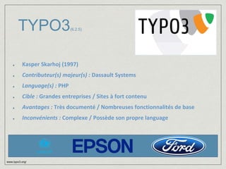 TYPO3(6.2.5) 
Kasper Skarhoj (1997) 
Contributeur(s) majeur(s) : Dassault Systems 
Language(s) : PHP 
Cible : Grandes entreprises / Sites à fort contenu 
Avantages : Très documenté / Nombreuses fonctionnalités de base 
Inconvénients : Complexe / Possède son propre language 
www.typo3.org/ 
 
