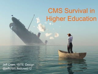 CMS
                          CMS Survival in
                          Higher Education
                                  Confab 2011
                                  Click to type title
                                         Jeff Cram
                                         CMS Myth & ISITE Design


                                         @jeffcram
                                         #cmslove
                                         #confab
                               Jeff Cram, ISITE Design

                               @jeffcram


Jeff Cram, ISITE Design
@jeffcram #eduweb12
 