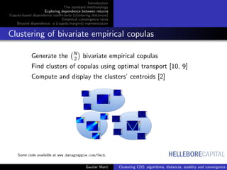 HELLEBORECAPITAL
Introduction
The standard methodology
Exploring dependence between returns
Copula-based dependence coeﬃcients (clustering distances)
Empirical convergence rates
Beyond dependence: a (copula,margins) representation
Clustering of bivariate empirical copulas
Generate the N
2 bivariate empirical copulas
Find clusters of copulas using optimal transport [10, 9]
Compute and display the clusters’ centroids [2]
Some code available at www.datagrapple.com/Tech.
Gautier Marti Clustering CDS: algorithms, distances, stability and convergence r
 