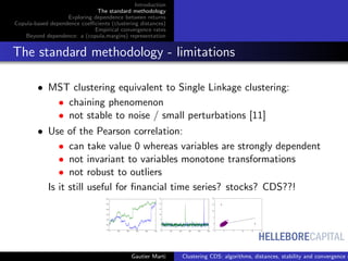 HELLEBORECAPITAL
Introduction
The standard methodology
Exploring dependence between returns
Copula-based dependence coeﬃcients (clustering distances)
Empirical convergence rates
Beyond dependence: a (copula,margins) representation
The standard methodology - limitations
• MST clustering equivalent to Single Linkage clustering:
• chaining phenomenon
• not stable to noise / small perturbations [11]
• Use of the Pearson correlation:
• can take value 0 whereas variables are strongly dependent
• not invariant to variables monotone transformations
• not robust to outliers
Is it still useful for ﬁnancial time series? stocks? CDS??!
Gautier Marti Clustering CDS: algorithms, distances, stability and convergence r
 