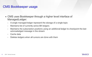 CMS Bookkeeper usage
16
▪ CMS uses Bookkeeper through a higher level interface of
ManagedLedger:
› A single managed ledger...