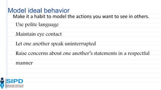Model ideal behavior
Make it a habit to model the actions you want to see in others.
Use polite language
Maintain eye contact
Let one another speak uninterrupted
Raise concerns about one another’s statements in a respectful
manner
 