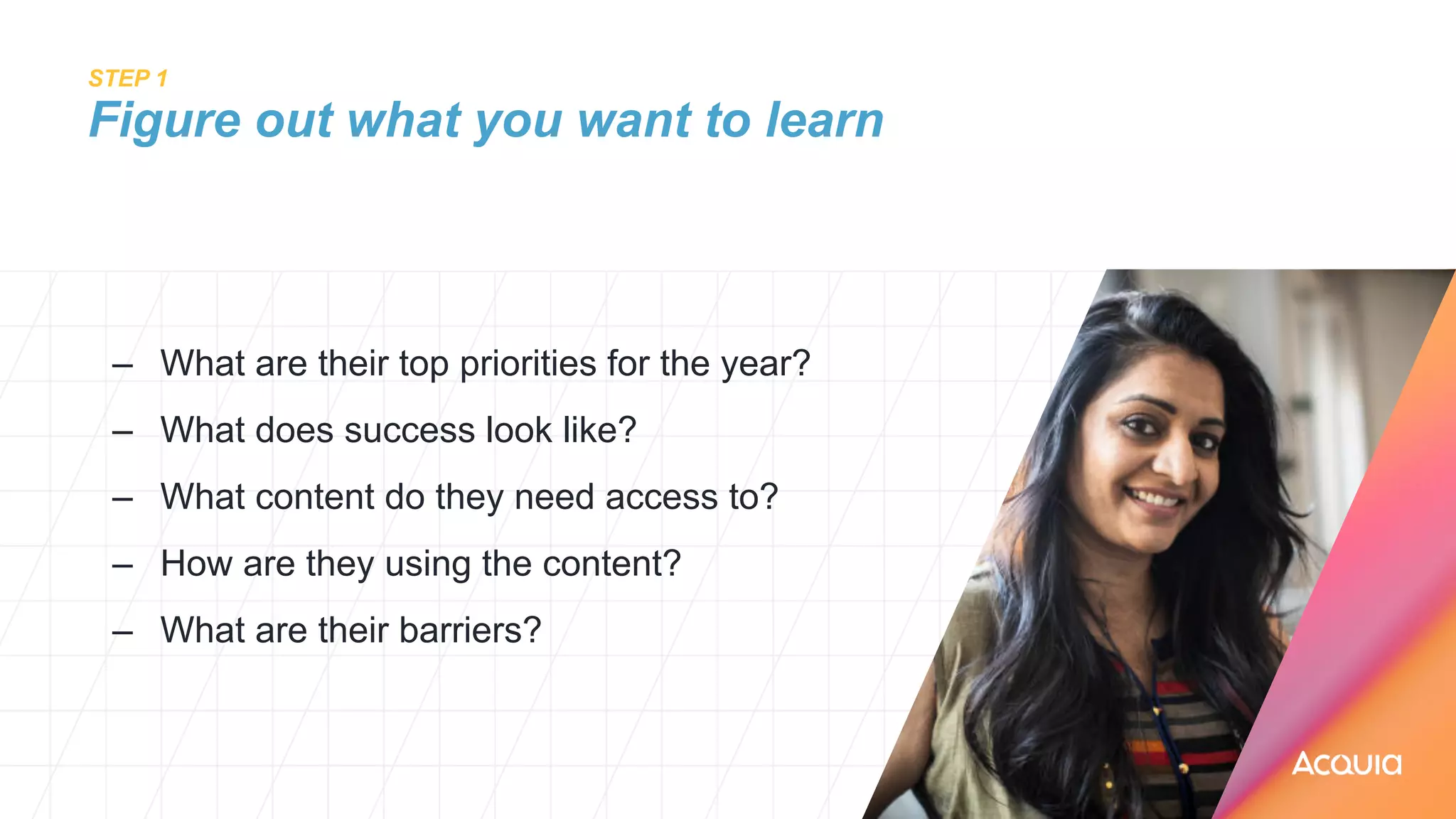 STEP 1
 
Figure out what you want to learn
– What are their top priorities for the year?


– What does success look like?


– What content do they need access to?


– How are they using the content?


– What are their barriers?
 