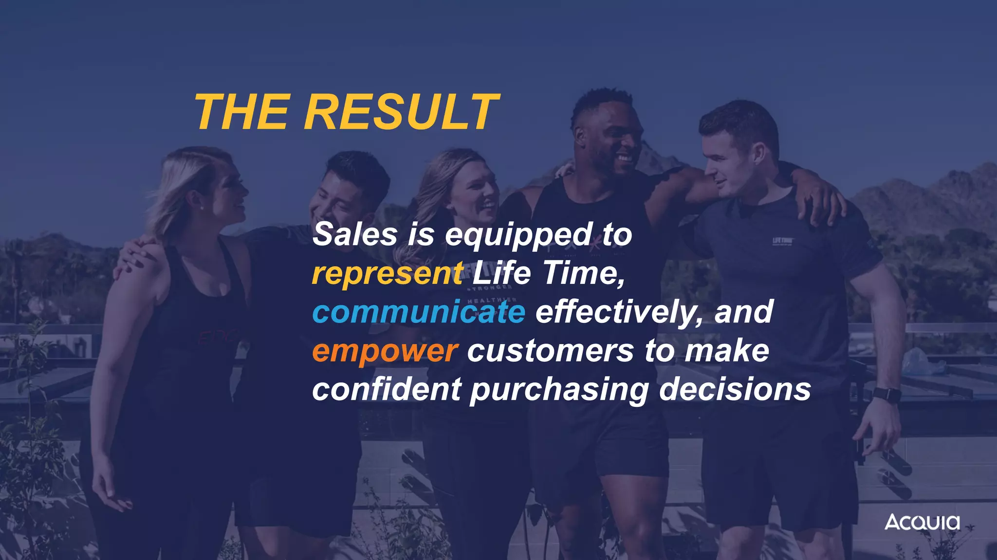 THE RESULT
Sales is equipped to
 
represent Life Time,
 
communicate effectively, and
 
empower customers to make
confident purchasing decisions
 
