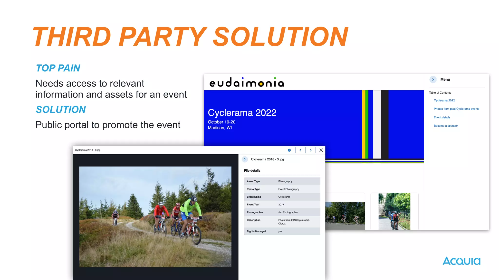 TOP PAIN


Needs access to relevant
information and assets for an event


SOLUTION


Public portal to promote the event
THIRD PARTY SOLUTION
 