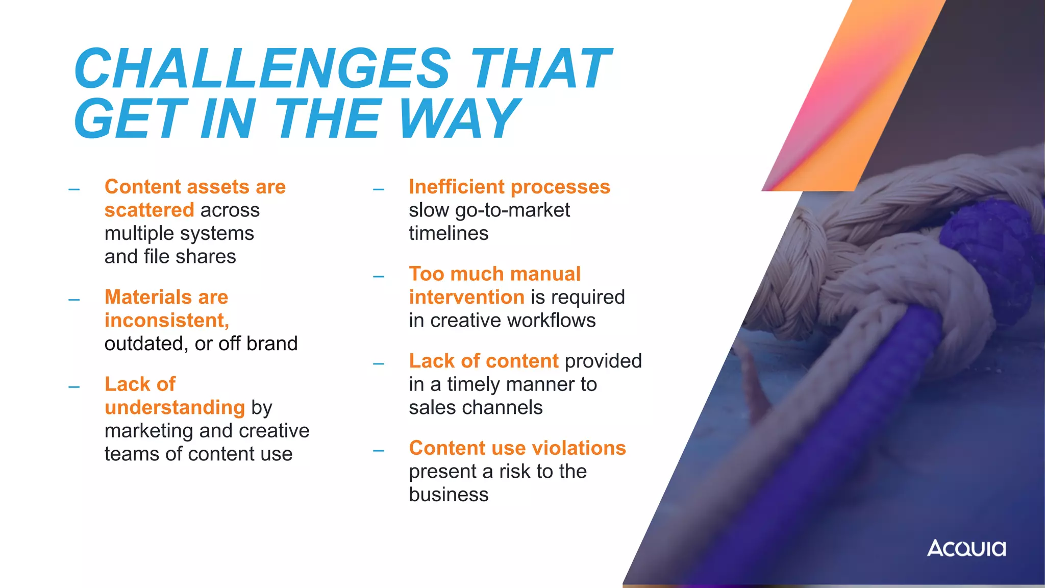 CHALLENGES THAT
GET IN THE WAY
– Content assets are
scattered across
multiple systems
 
and file shares


– Materials are
inconsistent,
outdated, or off brand


– Lack of
understanding by
marketing and creative
teams of content use
– Inefficient processes
slow go-to-market
timelines


– Too much manual
intervention is required
in creative workflows


– Lack of content provided
in a timely manner to
sales channels


– Content use violations
present a risk to the
business
 