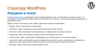Структура WordPress
• front-page.php – файл, используемый для вывода главной страницы сайта без списка записей. Очень удоб...