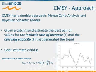 CMSY - Approach
• Given a catch trend estimate the best pair of
values for the intrinsic rate of increase (r) and the
carr...