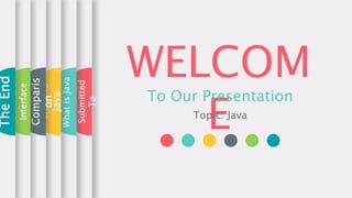 WELCOM
E
To Our Presentation
Topic: Java
Submitted
To
What
is
Java
What
is
Java
Comparis
on
Software
Interface
The
End
 