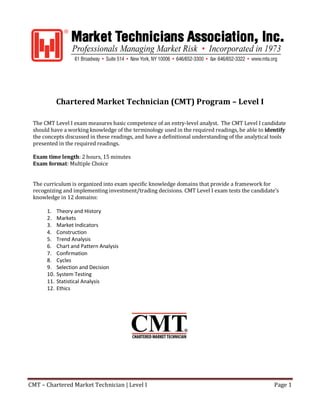 CMT – Chartered Market Technician | Level I Page 1
Chartered Market Technician (CMT) Program – Level I
The CMT Level I exam measures basic competence of an entry-level analyst. The CMT Level I candidate
should have a working knowledge of the terminology used in the required readings, be able to identify
the concepts discussed in these readings, and have a definitional understanding of the analytical tools
presented in the required readings.
Exam time length: 2 hours, 15 minutes
Exam format: Multiple Choice
The curriculum is organized into exam specific knowledge domains that provide a framework for
recognizing and implementing investment/trading decisions. CMT Level I exam tests the candidate’s
knowledge in 12 domains:
1. Theory and History
2. Markets
3. Market Indicators
4. Construction
5. Trend Analysis
6. Chart and Pattern Analysis
7. Confirmation
8. Cycles
9. Selection and Decision
10. System Testing
11. Statistical Analysis
12. Ethics
 