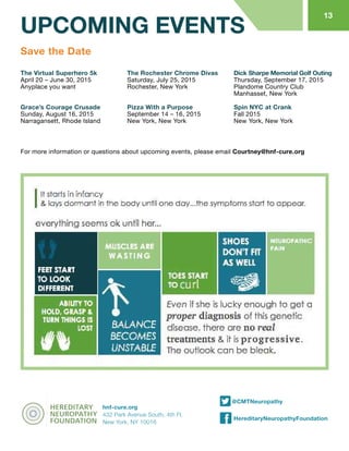 UPCOMING EVENTS
1751 Second Ave, Suite 103
New York NY 10128
@CMTNeuropathy
HereditaryNeuropathyFoundation
hnf-cure.org
432 Park Avenue South, 4th Fl.
New York, NY 10016
The Virtual Superhero 5k
April 20 – June 30, 2015
Anyplace you want
Grace’s Courage Crusade
Sunday, August 16, 2015
Narragansett, Rhode Island
The Rochester Chrome Divas
Saturday, July 25, 2015
Rochester, New York
Pizza With a Purpose
September 14 – 16, 2015
New York, New York
Dick Sharpe Memorial Golf Outing
Thursday, September 17, 2015
Plandome Country Club
Manhasset, New York
Spin NYC at Crank
Fall 2015
New York, New York
13
Save the Date
For more information or questions about upcoming events, please email Courtney@hnf-cure.org
 