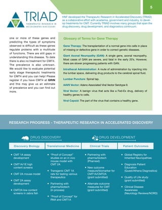 5
HNF developed the Therapeutic Research in Accelerated Discovery (TRIAD)
as a collaborative effort with academia, government and industry, to devel-
op treatments for CMT. Currently TRIAD involves many groups that span the
drug discovery, drug development, and diagnostics continuum.
one or more of these genes and
predicting the types of symptoms
observed is difficult as these genes
regulate proteins with a multitude
of functions. There are still gaps in
understanding this disease. To date
there is also no treatment for CMT4.
The prevalence is also unknown.
We would like to evaluate potential
early stage therapeutic treatments
for CMT4 and you can help! Please
register if you have CMT4 at GRIN
and this may give us an estimate
of prevalence and you can find out
more.
CMT 1A assay
development
CMT1A/1E high
content screens
CMT 2A mouse model
CMT 2A assay
development
CMT2A low content
screens in zebra fish
“Proof of Concept”
studies on an in vivo
mouse model with
CMT 2A
Transgenic CMT 1A
rats for testing various
therapeutics
Partnering with
pharma/biotech
(in process)
“Proof of Concept” for
RNA and CMT1A
Partnering with
pharma/biotech
(Pharnext)
New outcome
measure/biomarker for
CMT1A/CMT2A
(grant submitted)
Alternate outcome
measures for CMT
(grant submitted)
Global Registry for
Inherited Neuropathies
Diagnosis Patient
Education
(Quest/Athena Diagnostics)
Quality of Life study
(grant submitted)
Clinical Disease
Awareness
(Neurology Reviews/NORD)
DRUG DISCOVERY DRUG DEVELOPMENT
Discovery Biology Translational Medicine Clinical Trials Patient Outcomes
RESEARCH PROGRESS - THERAPEUTIC RESEARCH IN ACCELERATED DISCOVERY
Gene Therapy: The transplantation of a normal gene into cells in place
of missing or defective gene in order to correct genetic diseases.
Giant Axonal Neuropathy (GAN): A single gene, axonal neuropathy.
Most cases of GAN are severe, and fatal in the early 20’s. However,
there are slower progressing patients with GAN.
Intrathecal Administration: A route of administration by injecting into
the lumbar space, delivering drug products to the cerebral spinal fluid.
Lumbar Puncture: Spinal tap.
AAV9 Vector: Adeno Associated Viral Vector Serotype 9.
Viral Vector: A benign virus that acts like a Fed-Ex drug, delivery of
healthy genes to cells.
Viral Capsid: The part of the virus that contains a healthy gene.
Glossary of Terms for Gene Therapy
 