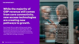 For a deeper dive into the value plays visit | accenture.com/reset-reinvent-rebound
While the majority of
CSP revenue still comes
from core connectivity,
new access technologies
are creating new
pathways to growth.
Even though CSPs are rightly shifting towards digital
and non-core services due to stagnating growth, core
connectivity still accounts for most revenue. But an
opportunity exists beyond commoditized connectivity
– to expand the horizon of connectivity to venture into
cloud, SDN/ NFV and edge computing.
THE OPPORTUNITY
Optimizing the CSP’s core
revenues cane be done
leveraging new technologies
Cloud
A virtual ecosystem across the entire
business, drives efficiency and
effectiveness
Smart Back Office
Simplifies and automates new and
existing processes + encourages agility
and scalability for faster deployments
AI & Data
Helps break down silos, boosts the
effectiveness of both customer and
enterprise operations
Copyright © 2021 Accenture. All rights reserved. 5
To learn more visit | accenture.com/reset-reinvent-rebound
 