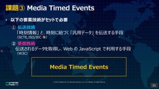 ? 2019, Masashi Ito, Fuji Television Network, Inc. or its affiliates. All rights reserved.
n} Media Timed Events
? ¤ҪؼgåȤǱҪ
 ͼg
r ȡr̤˼~Ť åǩ` ֶͤ
SCTE,ISO/IEC ȣ
 żg
ͤǩ`ȡäWeb  JavaScript äֶ
W3C
Media Timed Events
31
 