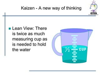 Kaizen - A new way of thinking



   Lean View: There
    is twice as much
    measuring cup as
    is needed to hold
    the water
 
