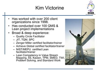 Kim Victorine

• Has worked with over 200 client
  organizations since 1998.
• Has conducted over 100 QMS &
  Lean project implementations
• Broad & deep experience:
   – Quality Circle Facilitator
   – JIT, TQM, SPC
   – Zenger Miller certified facilitator/trainer
   – Achieve Global certified facilitator/trainer
   – NIST/MEPU certified Lean
     facilitator/trainer
   – Lean Competency in Value Stream
     Mapping, 5S, Kaizen, TPM, SMED, TWI,
     Problem Solving, and Standard Work
 
