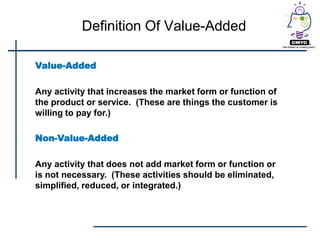 Definition Of Value-Added

Value-Added

Any activity that increases the market form or function of
the product or service. (These are things the customer is
willing to pay for.)

Non-Value-Added

Any activity that does not add market form or function or
is not necessary. (These activities should be eliminated,
simplified, reduced, or integrated.)
 
