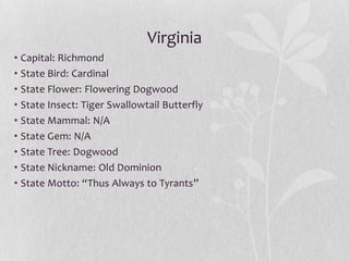 Virginia
• Capital: Richmond
• State Bird: Cardinal
• State Flower: Flowering Dogwood
• State Insect: Tiger Swallowtail Butterfly
• State Mammal: N/A
• State Gem: N/A
• State Tree: Dogwood
• State Nickname: Old Dominion
• State Motto: “Thus Always to Tyrants”

 