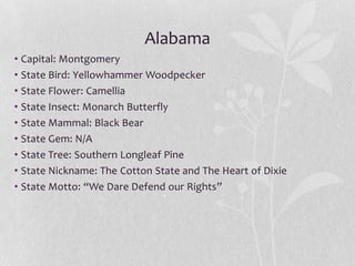 Alabama
• Capital: Montgomery
• State Bird: Yellowhammer Woodpecker
• State Flower: Camellia
• State Insect: Monarch Butterfly
• State Mammal: Black Bear
• State Gem: N/A
• State Tree: Southern Longleaf Pine
• State Nickname: The Cotton State and The Heart of Dixie
• State Motto: “We Dare Defend our Rights”

 