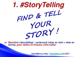 Jean-Marie Le Ray / Translation 2.0 © 2017
1. #StoryTelling
c) Narration (storytelling) : contenu(s) (mise en récit + mise...