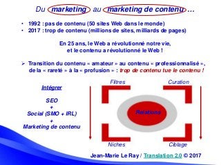 Du marketing au marketing de contenu …
• 1992 : pas de contenu (50 sites Web dans le monde)
• 2017 : trop de contenu (mill...