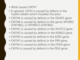 • What causes CMT4?
• In general, CMT4 is caused by defects in the
myelin sheath which insulates the axon.
• CMT4A is caused by defects in the GDAP1 gene.
• CMT4B is caused by defects in the genes MTMR2
(CMT4B1), or MTMR13 (CMT4B2).
• CMT4C is caused by defects in the SH3TC2 gene.
• CMT4D is caused by defects in the NDRG1 gene.
• CMT4E is caused by defects in the EGR2 gene.
• CMT4F is caused by defects in the PRX gene.
• CMT4H is caused by defects in the FDG4 gene.
• CMT4J is caused by defects in the FIG4 gene.
 