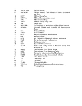 40   Mha or M ha   Million Hectare
41   MMSCMD        Million Standard Cubic Metres per day ( a measure of
                   gas flow)
42   MMT           Million Metric Ton
43   MMTPA         Million Metric tonne per annum
44   MPD           Million Person Days
45   MTBE          Methyl Tertiary Butyl Ether
46   MW            Mega Watt
47   NABARD        National Bank of Agriculture and Rural Development
48   NOVOD         National Oilseeds and Vegetable Oil Development
                   Board
49   Nox           Nitrogen Oxides
50   NPAH          Nitrated PAHs
51   OEM           Original Equipment Manufacturers
52   ON            Octane Number
53   OTRI          Oil Technological Research Institute, Ahmedabad
54   PAH           Polycyclic Aromatic Hydrocarbons
55   PM            Particulate matter
56   RON           Research Octane Number
57   RSME          Rape Seed Methyl Ester or Biodiesel made from
                   Rapeseed oil
58   SGRY          Swarnajayanti Gram Rozgar Yojna
59   SGSY          Swarnajayanti Gram Swarozgar Yojna
60   SIAM          Society for Indian Automobile Manufacturers
61   SIDBI         Small Industries Development bank of India
62   TBOs          Tree Borne Oilseeds
63   TEL           Tetra Ethyl Lead
64   Th            Thousand
65   Th. KL        Thousand Kilo Litre
66   U.S.EPA       United States Environment Protection Agency
67   WG            Working Group
 