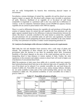 and, are really biodegradable by bacteria thus minimizing physical impact on
environment.

Nevertheless, extreme discharges of animal fats, vegetable oils and bio-diesel can cause
negative impact on aquatic life. Bio-diesel spills compare more favorably to petroleum
oil spills. Moreover, likelihood of an vegetable oil or bio-diesel oil spill being
comparable in magnitude to a petroleum spill is also very small due to differences in
volumes in the two industries. Petroleum tankers exceed 250,000-ton capacity whereas
vegetable oils are carried in parcel tankers with 3500-ton capacity.

There is a need to differentiate between the vegetable oils and petroleum oil through the
creation of separate classes for animal fats and vegetable oils from petroleum oils, and
apply separate standards based on the differences in physical characteristics between the
classes. Bio-diesel is currently controlled in the same manner as animal fats, vegetable
oils and petroleum oils are controlled under oil spill laws and regulations, bio-diesel
facilities and tanker vessels transporting bio-diesel remain controlled in the same manner
as if they were petroleum oil facilities or tanker vessels transporting petroleum oil.

3.8 Analysis of technologies with reference to Indian resources & requirements

3.8.1 India has rich and abundant forest resources with a wide range of plants and
oilseeds. The production of these oilseeds can be stepped up many folds if the
government takes the decision to use them for producing diesel fuels. Economical
feasibility of bio-diesel depends on the price of the crude petroleum and the cost of
transporting diesel to long distances to remote markets in India. Further, the strict
regulations on the aromatics and sulphur contents in diesel fuels will result in higher cost
of production of conventional diesel fuels.
3.8.2 The production of ethyl esters from edible oils is currently much more expensive
than hydrocarbon-based diesel fuels due to the relatively high costs of vegetable oils. The
cost of bio-diesel can be reduced if we consider non-edible oils, and used frying oils
instead of edible oils. Non-edible oils such as neem, mahua, karanja, babassu, Jatropha,
etc. are easily available in many parts of the world including India, and are very cheap
compared to edible oils. The potential availability of some non-edible oils in India is
given in Table 3.7.
                      Table 3.7 Non-edible oil sources of India
        Oil         Botanical           Potential        Utilised                Percent
                                        (million tonnes) (million tonnes)        Utilisation
        Rice                      Oryz 474,000           101,000                 21
        bran                      a
                                  Sativ
                                  a
        Sal         Shorea robusta      720,000          23,000                  3
        Neem        Melia azadirachta   400,000          20,000                  6
        Karanja     Pongamia glabra     135,000          8,000                   6
       (Source: Anjana Srivastava and Ramprasad)


                                            61
 