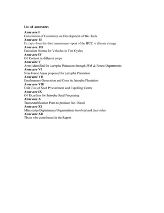 List of Annexures
Annexure I
Constitution of Committee on Development of Bio- fuels
Annexure II
Extracts from the third assessment report of the IPCC to climate change
Annexure III
Emissions Norms for Vehicles in Test Cycles
Annexure IV
Oil Content in different crops
Annexure V
Areas identified for Jatropha Plantation through JFM & Forest Departments
Annexure VI
Non-Forest Areas proposed for Jatropha Plantation
Annexure VII
Employment Generation and Costs in Jatropha Plantation
Annexure VIII
Unit Cost of Seed Procurement and Expelling Centre
Annexure IX
Oil Expellers for Jatropha Seed Processing
Annexure X
Transesterification Plant to produce Bio-Diesel
Annexure XI
Ministeries/Departments/Organisations involved and their roles
Annexure XII
Those who contributed in the Report
 