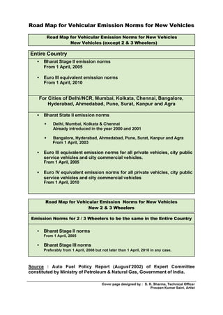 Road Map for Vehicular Emission Norms for New Vehicles

           Road Map for Vehicular Emission Norms for New Vehicles
                    New Vehicles (except 2  3 Wheelers)

Entire Country
   •   Bharat Stage II emission norms
       From 1 April, 2005

   •   Euro III equivalent emission norms
       From 1 April, 2010


    For Cities of Delhi/NCR, Mumbai, Kolkata, Chennai, Bangalore,
        Hyderabad, Ahmedabad, Pune, Surat, Kanpur and Agra

   •   Bharat State II emission norms
       §     Delhi, Mumbai, Kolkata  Chennai
             Already introduced in the year 2000 and 2001

       §     Bangalore, Hyderabad, Ahmedabad, Pune, Surat, Kanpur and Agra
             From 1 April, 2003

   •   Euro III equivalent emission norms for all private vehicles, city public
       service vehicles and city commercial vehicles.
       From 1 April, 2005

   •   Euro IV equivalent emission norms for all private vehicles, city public
       service vehicles and city commercial vehicles
       From 1 April, 2010



       Road Map for Vehicular Emission Norms for New Vehicles
                         New 2  3 Wheelers

 Emission Norms for 2 / 3 Wheelers to be the same in the Entire Country


   •   Bharat Stage II norms
       From 1 April, 2005

   •   Bharat Stage III norms
       Preferably from 1 April, 2008 but not later than 1 April, 2010 in any case.



Source : Auto Fuel Policy Report (August’2002) of Expert Committee
constituted by Ministry of Petroleum  Natural Gas, Government of India.

                                         Cover page designed by : S. K. Sharma, Technical Officer
                                                                      Praveen Kumar Saini, Artist
 