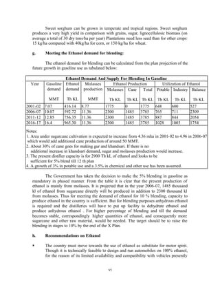 Sweet sorghum can be grown in temperate and tropical regions. Sweet sorghum
   produces a very high yield in comparison with grains, sugar, lignocellulosic biomass (on
   average a total of 30 dry tons/ha per year) Plantations need less seed than for other crops:
   15 kg/ha compared with 40kg/ha for corn, or 150 kg/ha for wheat.

   g.     Meeting the Ethanol demand for blending:

           The ethanol demand for blending can be calculated from the plan projection of the
   future growth in gasoline use as tabulated below:

                    Ethanol Demand And Supply For Blending In Gasoline
  Year     Gasoline Ethanol Molasses      Ethanol Production        Utilization of Ethanol
           demand demand production Molasses Cane         Total Potable Industry Balance

            MMT        Th KL       MMT          Th KL     Th KL Th KL Th KL            Th KL       Th KL
2001-02   7.07       416.14     8.77          1775        0        1775    648       600          527
2006-07   10.07      592.72     11.36         2300        1485     3785    765       711          2309
2011-12   12.85      756.35     11.36         2300        1485     3785    887       844          2054
2016-17   16.4       965.30     11.36         2300        1485     3785    1028      1003         1754
Notes:
1. Area under sugarcane cultivation is expected to increase from 4.36 mha in 2001-02 to 4.96 in 2006-07
 which would add additional cane production of around 50 MMT.
2. About 30% of cane goes for making gur and khandsari. If there is no
   additional increase in khandsari demand, sugar and molasses production would increase.
3. The present distiller capacity is for 2900 Th kL of ethanol and looks to be
   sufficient for 5% blend till 12 th plan
4. A growth of 3% in potable use and a 3.5% in chemical and other use has been assumed.

           The Government has taken the decision to make the 5% blending in gasoline as
   mandatory in phased manner. From the table it is clear that the present production of
   ethanol is mainly from molasses. It is projected that in the year 2006-07, 1485 thousand
   kl of ethanol from sugarcane directly will be produced in addition to 2300 thousand kl
   from molasses. Thus for meeting the demand of ethanol for 10 % blending, capacity to
   produce ethanol in the country is sufficient. But for blending purposes anhydrous ethanol
   is required and the distilleries will have to put up facility to dehydrate ethanol and
   produce anhydrous ethanol . For higher percentage of blending and till the demand
   becomes stable, correspondingly higher quantities of ethanol, and consequently more
   sugarcane and other raw material, would be needed. The target should be to raise the
   blending in stages to 10% by the end of the X Plan.

   h.     Recommendations on Ethanol

   §      The country must move towards the use of ethanol as substitute for motor spirit.
          Though it is technically feasible to design and run automobiles on 100% ethanol,
          for the reason of its limited availability and compatibility with vehicles presently


                                                vi
 