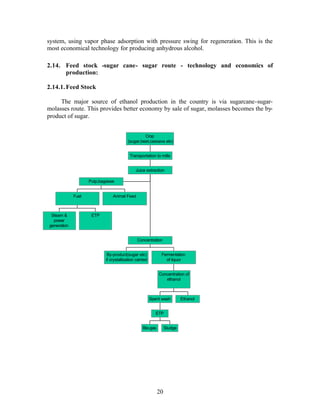 system, using vapor phase adsorption with pressure swing for regeneration. This is the
most economical technology for producing anhydrous alcohol.

2.14. Feed stock -sugar cane- sugar route - technology and economics of
      production:

2.14.1. Feed Stock

     The major source of ethanol production in the country is via sugarcane-sugar-
molasses route. This provides better economy by sale of sugar, molasses becomes the by-
product of sugar.


                                                  Crop
                                         (sugar,beet,cassava etc)


                                           Transportation to mills


                                              Juice extraction

                    Pulp,bagasse


             Fuel               Animal Feed



 Steam &             ETP
  power
generation


                                               Concentration


                             By-product(sugar etc)            Fermentation
                            if crystallisation carried          of liquor


                                                             Concentration of
                                                                ethanol



                                                         Spent wash        Ethanol


                                                            ETP


                                                   Bio-gas        Sludge




                                                             20
 
