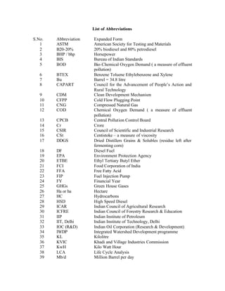 List of Abbreviations

S.No.   Abbreviation   Expanded Form
   1    ASTM           American Society for Testing and Materials
   2    B20-20%        20% biodiesel and 80% petrodiesel
   3    BHP / bhp      Horsepower
   4    BIS            Bureau of Indian Standards
   5    BOD            Bio-Chemical Oxygen Demand ( a measure of effluent
                       pollution)
   6    BTEX           Benzene Toluene Ethylebenzene and Xylene
   7    Bu             Barrel = 34.8 litre
   8    CAPART         Council for the Advancement of People’s Action and
                       Rural Technology
   9    CDM            Clean Development Mechanism
   10   CFPP           Cold Flow Plugging Point
   11   CNG            Compressed Natural Gas
   12   COD            Chemical Oxygen Demand ( a measure of effluent
                       pollution)
   13   CPCB           Central Pollution Control Board
   14   Cr             Crore
   15   CSIR           Council of Scientific and Industrial Research
   16   CSt            Centistoke – a measure of viscosity
   17   DDGS           Dried Distillers Grains & Solubles (residue left after
                       fermenting corn)
   18   DF             Diesel Fuel
   19   EPA            Environment Protection Agency
   20   ETBE           Ethyl Tertiary Butyl Ether
   21   FCI            Food Corporation of India
   22   FFA            Free Fatty Acid
   23   FIP            Fuel Injection Pump
   24   FY             Financial Year
   25   GHGs           Green House Gases
   26   Ha or ha       Hectare
   27   HC             Hydrocarbons
   28   HSD            High Speed Diesel
   29   ICAR           Indian Council of Agricultural Research
   30   ICFRE          Indian Council of Forestry Research & Education
   31   IIP            Indian Institute of Petroleum
   32   IIT, Delhi     Indian Institute of Technology, Delhi
   33   IOC (R&D)      Indian Oil Corporation (Research & Development)
   34   IWDP           Integrated Watershed Development programme
   35   KL             Kilolitre
   36   KVIC           Khadi and Village Industries Commission
   37   KwH            Kilo Watt Hour
   38   LCA            Life Cycle Analysis
   39   Mb/d           Million Barrel per day
 