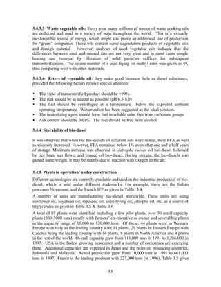 3.4.3.5 Waste vegetable oils: Every year many millions of tonnes of waste cooking oils
are collected and used in a variety of ways throughout the world. This is a virtually
inexhaustible source of energy, which might also prove an additional line of production
for “green” companies. These oils contain some degradation products of vegetable oils
and foreign material. However, analyses of used vegetable oils indicate that the
differences between used and unused fats are not very great and in most cases simple
heating and removal by filtration of solid particles suffices for subsequent
transesterification. The cetane number of a used frying oil methyl ester was given as 49,
thus comparing well with other materials,

3.4.3.6 Esters of vegetable oil: they make good biomass fuels as diesel substitutes,
provided the following factors receive special attention:

•   The yield of transesterified product should be >90%.
•   The fuel should be as neutral as possible (pH 6.5-8.0)
•   The fuel should be centrifuged at a temperature below the expected ambient
    operating temperature. Winterization has been suggested as the ideal solution.
•   The neutralizing agent should form fuel in soluble salts, free from carbonate groups.
•   Ash content should be 0.01%. The fuel should be free from alcohol.

3.4.4 Storability of bio-diesel

It was observed that when the bio-diesels of different oils were stored, their FFA as well
as viscosity increased. However, FFA remained below 1% even after one and a half years
of storage. Minimum increase was observed in Jatropha curcas oil bio-diesel followed
by rice bran, sun flower and linseed oil bio-diesel. During storage, the bio-diesels also
gained some weight. It may be mainly due to reaction with oxygen in the air.

3.4.5 Plants in operation/ under construction
Different technologies are currently available and used in the industrial production of bio-
diesel, which is sold under different trademarks. For example, there are the Italian
processes Novamont, and the French IFP as given in Table 3.4.
A number of units are manufacturing bio-diesel worldwide. These units are using
sunflower oil, soyabean oil, rapeseed oil, used-frying oil, jatropha oil, etc. as a source of
triglycerides as given in Table 3.5 & Table 3.6
A total of 85 plants were identified including a few pilot plants, over 30 small capacity
plants (500-3000 tons) mostly with farmers’ co-operative as owner and several big plants
in the capacity range of 10,000 to 120,000 tons. Of these, 44 plants were in Western
Europe with Italy as the leading country with 11 plants, 29 plants in Eastern Europe with
Czechia being the leading country with 16 plants, 8 plants in North America and 4 plants
in the rest of the world. Overall capacity grew from 111,000 tons in 1991 to 1,286,000 in
1997. USA is the fastest growing newcomer and a number of companies are emerging
there. Additional capacities are expected in Japan and the palm oil producing countries,
Indonesia and Malaysia. Actual production grew from 10,000 tons in 1991 to 661,000
tons in 1997. France is the leading producer with 227,000 tons (in 1996). Table 3.5 gives


                                             53
 