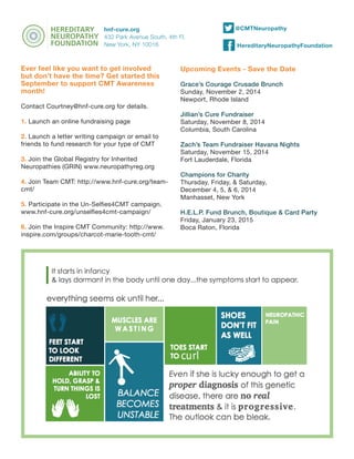 Ever feel like you want to get involved but don’t have the time? Get started this September to support CMT Awareness month! 
Contact Courtney@hnf-cure.org for details. 
1. Launch an online fundraising page 
2. Launch a letter writing campaign or email to friends to fund research for your type of CMT 
3. Join the Global Registry for Inherited Neuropathies (GRIN) www.neuropathyreg.org 
4. Join Team CMT: http://www.hnf-cure.org/team- cmt/ 
5. Participate in the Un-Selfies4CMT campaign. www.hnf-cure.org/unselfies4cmt-campaign/ 
6. Join the Inspire CMT Community: http://www. inspire.com/groups/charcot-marie-tooth-cmt/ 
1751 Second Ave, Suite 103 New York NY 10128 
@CMTNeuropathy 
HereditaryNeuropathyFoundation 
Upcoming Events - Save the Date 
Grace’s Courage Crusade Brunch 
Sunday, November 2, 2014 
Newport, Rhode Island 
Jillian’s Cure Fundraiser 
Saturday, November 8, 2014 
Columbia, South Carolina 
Zach’s Team Fundraiser Havana Nights 
Saturday, November 15, 2014 
Fort Lauderdale, Florida 
Champions for Charity 
Thursday, Friday, & Saturday, 
December 4, 5, & 6, 2014 
Manhasset, New York 
H.E.L.P. Fund Brunch, Boutique & Card Party 
Friday, January 23, 2015 
Boca Raton, Florida 
hnf-cure.org 
432 Park Avenue South, 4th Fl. 
New York, NY 10016 